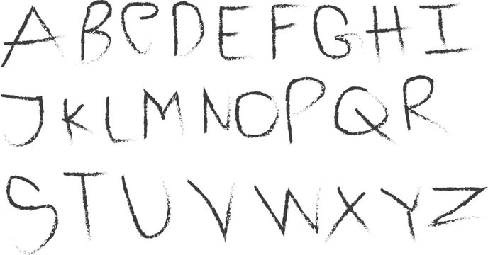 Handwritten alphabet letters A-Z in a rough, chalky style on a white background