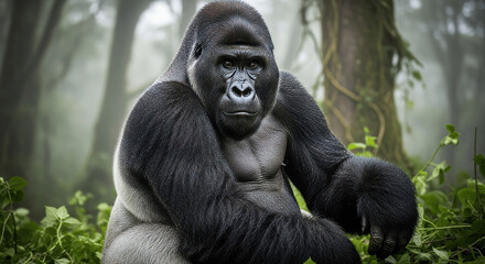 Fototapeta premium Western Lowland Gorilla (Gorilla gorilla gorilla) in Natural Rainforest Habitat – Powerful African Great Ape Wildlife Portrait