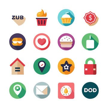 Collection of flat icon designs representing diverse categories