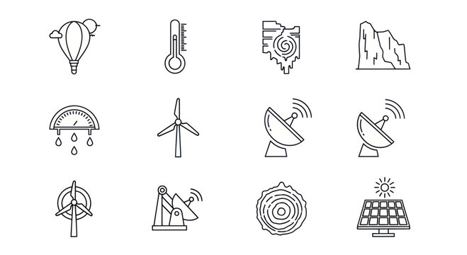 Eco-friendly technology icons: wind, solar, weather, satellite, nature