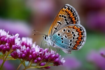 Fototapeta premium Butterfly on Purple Flowers Close Up