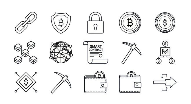 Digital Cryptocurrency Icons: Blockchain, Bitcoin, Security, Mining, Wallet
