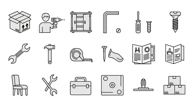 DIY Furniture Assembly Icons: Tools, Parts, and Instructions