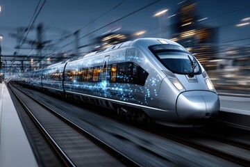 Fototapeta premium High Speed Train at Dusk City Station with Light Trails