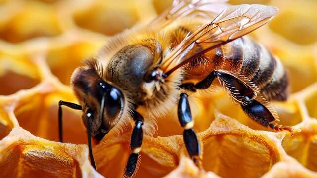Worker bee sipping nectar, honey extractor, pollinator, apiary, hexagonal cell, beekeeping, insect foraging.