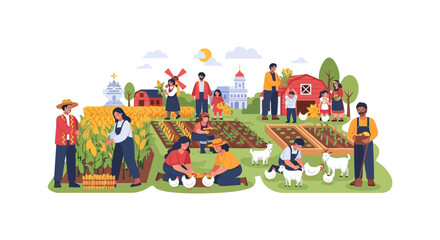 Obraz premium Diverse Farm Community Harvesting Crops and Tending Livestock. Rural Village Agriculture Teamwork Illustration.