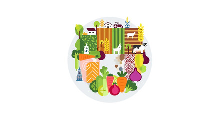 Obraz premium Agriculture and Food System Circle. Farm-to-Table Ecosystem Illustration with Livestock, Fresh Vegetables, Crops, and Farming Elements.