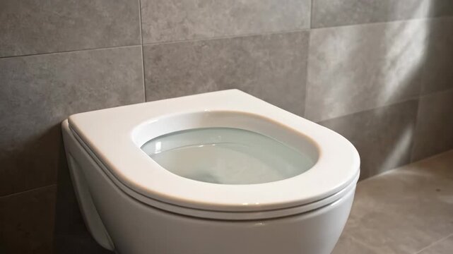 Modern white wall-hung toilet in a contemporary bathroom. Slow zoom on a clean ceramic toilet bowl with grey tiled walls. Interior design and home renovation concept