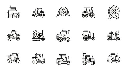 Collection of Farm Tractor and Agriculture Machine Icons, Vector Line Art © Efan