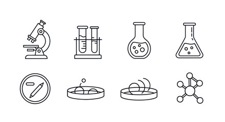 Fototapeta premium Collection of Science and Laboratory Icons: Microscope, Test Tubes, Flasks, Petri Dish