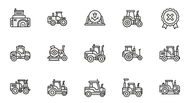 Collection of Farm Tractor and Agriculture Machine Icons, Vector Line Art