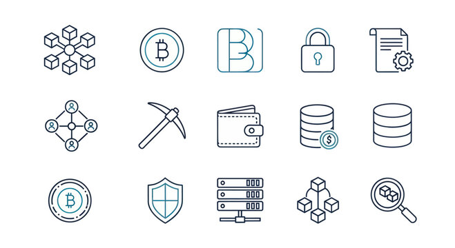 Cryptocurrency Icons: Bitcoin, Blockchain, Mining, Security, Wallet, Data Storage