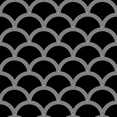 Fish scale wallpaper. Asian traditional ornament with repeated scallops. Repeated white curves on black background. Seamless surface pattern design with semicircles. Grid motif. Digital paper. Vector. © funkyplayer