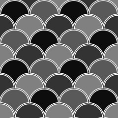 Fish scale wallpaper. Asian traditional ornament with repeated scallops. Repeated white curves on black background. Seamless surface pattern design with semicircles. Grid motif. Digital paper. Vector. © funkyplayer