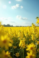 Obraz premium Endless Golden Yellow Rapeseed Fields Creating a Rustic Farm Carpet Under a Vast Open Sky