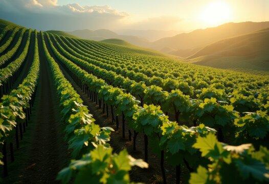 Geometric Patterns of Vineyard Rows on Hillside in Overhead Perspective Shaping Tranquility