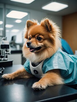 Dog in blue vest at vet clinic table ? checkup, appointment, heart screening, calm pet, vaccine, health check.