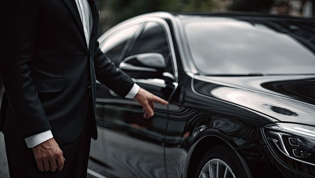Chauffeur Opening Door of Luxury Black Car for VIP Client.