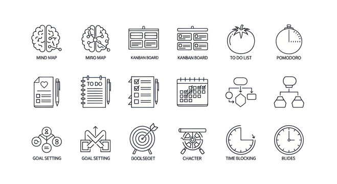 Business Planning & Productivity Icons: Mind Map, To Do List, Calendar, Timer, Goals