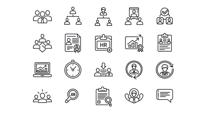 Business Teamwork and HR Icons Set: Organization, Recruitment, Performance