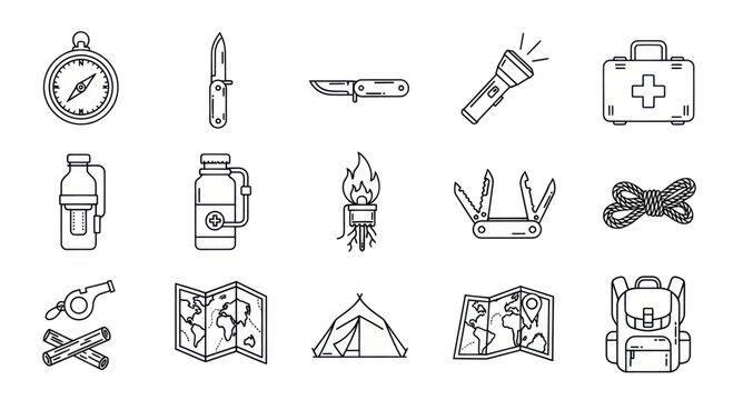 Camping and Hiking Gear Icons - Adventure Equipment Line Art
