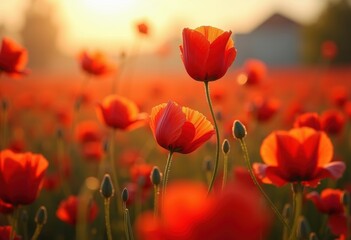 Poppy Red Petals Dancing in the Gentle Breeze Across a Field of Bright Blossoms