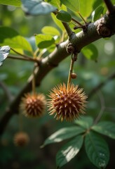Spiky Seed Pods Hanging from Chestnut Tree Canopy Amidst Dense Forest Greenery
