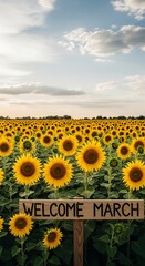 Fototapeta premium Bright yellow sunflowers field welcome sign for March spring season outdoor nature landscape