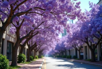 Vibrant Jacaranda Blossoms Framing a Serene Street in Clear Spring Light