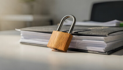 Naklejka premium Wooden padlock lean on a thick daily planner on a white desk with natural light. Concept of data protection, privacy, secure, and confidential information