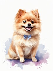 Obraz premium Hand-drawn pomeranian smiling, wearing bow, watercolor ? for stylish gifts, pet online shop, animal magazine, school notebook.