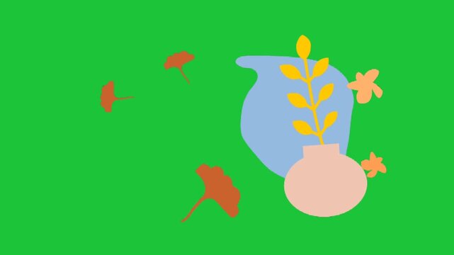 Minimal abstract vase with leaves and flowers on green background flat botanical design animation loop motion scene