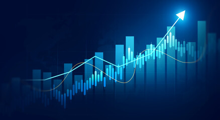 Global financial chart with rising trend lines, candlestick bars and digital interface. Stock market background showing growth, trading, investment strategy and economic data analysis.