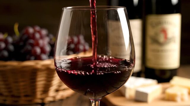 Red wine being poured into a glass near grapes and cheese on a wooden table