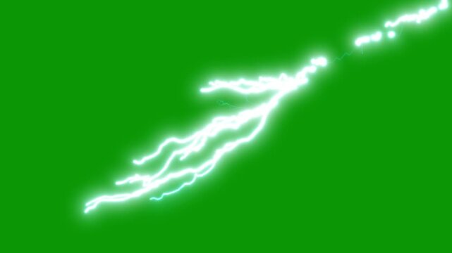 Blue electric lightning strike on green background, powerful thunderstorm electricity bolt animation loop, realistic energy flash VFX overlay for cinematic compositing, video editing projects 4K