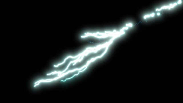 Blue electric lightning strike on black background, powerful thunderstorm electricity bolt animation loop, realistic energy flash VFX overlay for cinematic compositing, video editing projects 4K