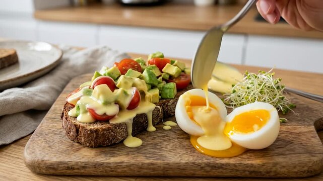 A hand pours hollandaise sauce over avocado toast. A soft-boiled egg with runny yolk sits beside it on a wooden board. Healthy breakfast meal preparation.