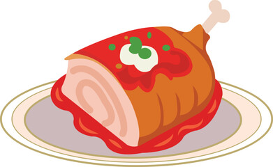 Festive Glazed Roast Ham Dinner Plate with Sauce and Garnish