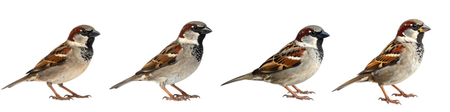 Four sparrows standing in a row isolated on transparent background