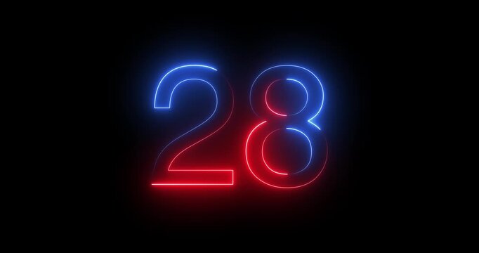 Glowing neon 28 text number animation on black background. Bright neon 28 number symbol. glowing neon number animation concept