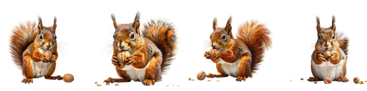 Set of adorable squirrels eating nuts isolated on transparent background