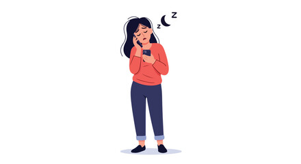 Fototapeta premium A cartoon woman with long dark hair chatting on her phone with a speech bubble, wearing a red sweater and blue jeans on a white background.
