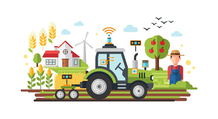 Fototapeta premium Precision Agriculture Concept: Autonomous Smart Tractor, IoT Sensors, and Farmer on a Modern High-Tech Farm. Flat Vector Illustration.