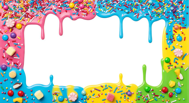 Sweet candy sprinkles background: vibrant dripping frosting frame, colorful dessert border isolated white for design element.