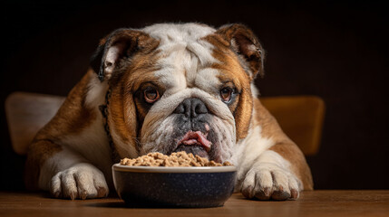 Fototapeta premium English Bulldog eating from a dark bowl with a textured background.