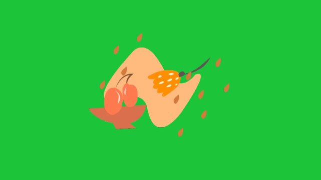 Minimal autumn flat animation with fruits leaves and abstract shapes on green background smooth loop motion