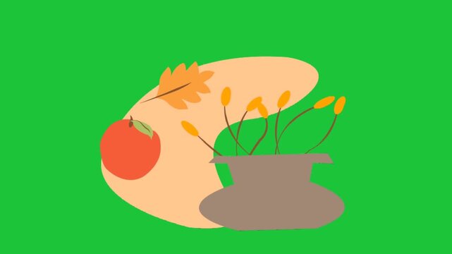 Minimal autumn flat animation with apple leaf and vase with plants on green background smooth loop motion