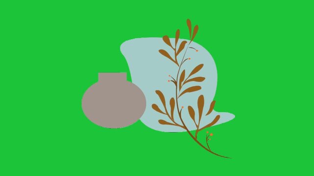 Minimal autumn flat animation with abstract shapes vase and branch on green background smooth loop motion