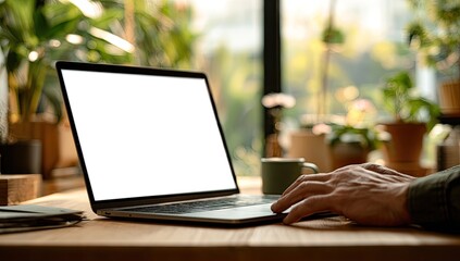 Fototapeta premium Person working on a laptop in a cozy home office with plants.