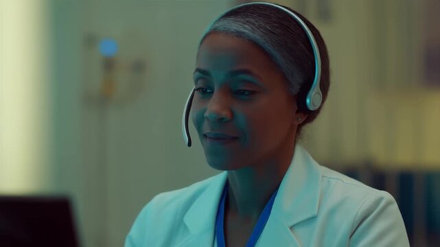 Woman in headset smiling in a professional setting